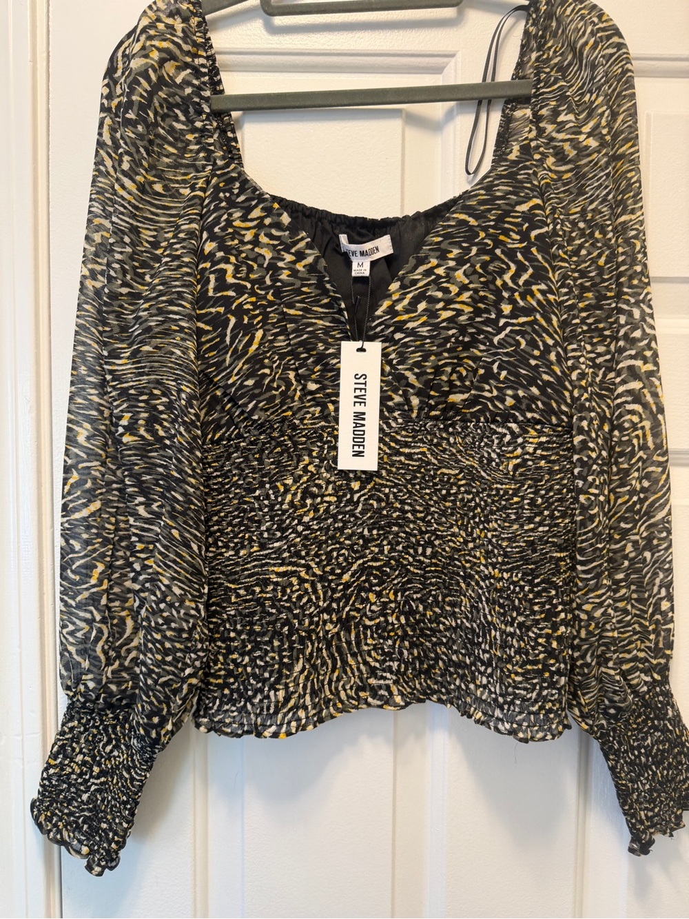 Steve Madden Black and Yellow Abstract Smocked Waist Blouse